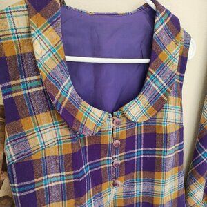 Vintage 1960s/70s vest and skirt set, purple and yellow plaid, wool, peter pan